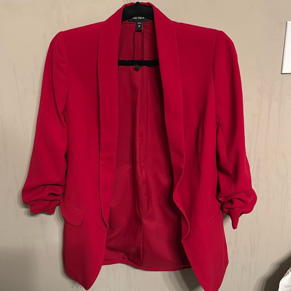 Express Red Scrunched-Sleeve Oversized Blazer, relaxed fit size xs